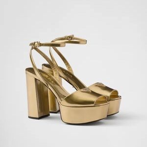 Prada Gold Platform logo Heels for Women 38.5